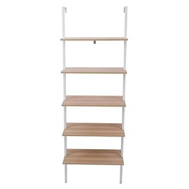 Industrial Bookshelf 5-Tier Modern Ladder Shelf, Vintage Metal Pipes and Wood Shelves, Ladder Shelf Wall Mounted Bookcase (Walnut and White Frame, 5-Shelf Bookcase)