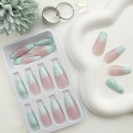 Coffin Press on Nails Medium Fake Nails White & Silver Lines Acrylic Nails Light Green & Translucent Nails Press ons Spring Nails Light Pink Ombre Stick on Nails for Women 24Pcs