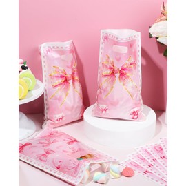 Liobelon 50 Pieces Pink Bow Plastic Gift Bags Bow Theme Party Favor Bags with Handles Bow Goodie Treat Candy Bags Coquette Birthday Decoration for Birthday Bridal Engagement Baby Shower Party Supplies