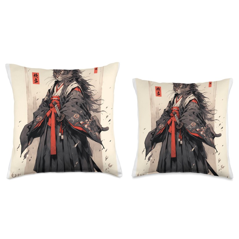 Samurai Cat - Japan Warrior Katana Power Throw Pillow