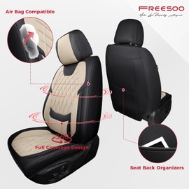 FREESOO Front Car Seat Covers - Luxury Breathable Waterproof Faux Leather Car Seat Cushion Protectors with Lumbar Support, Universal Fit for Most 5 Seats Vehicles Sedans Hatchbacks Trucks, Black Beige