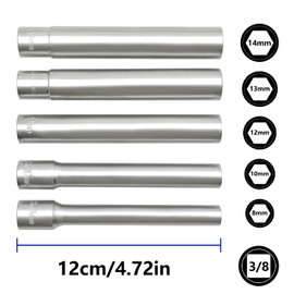 ZKTOOL 7PCS 3/8" Extra Deep Impact Socket Set, 8MM 10MM 12MM 13MM 14MM, Hexagon Socket, Extra Long Deep 120MM, with 1/2'' and 3/8'' Adapters
