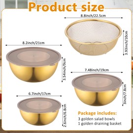 CODOHI Gold Mixing Bowls with Airtight Lids Stainless Steel Mixing Bowl Set of 3 Metal Nesting Organizers and 1 Colander Non-slip Bottom for Baking Serving Food Size 2.22, 1.27,0.74 QT, Stackable