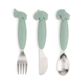 Done by Deer Easy-grip Cutlery Set Deer Friends Green - 100% Food Grade Silicone, Spoon, Fork, and Knife, Ideal for Toddlers, Anti-Slip Handles