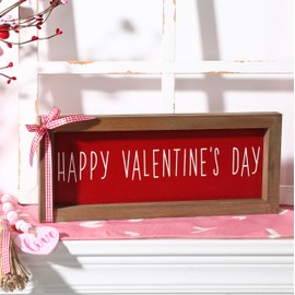 Valentines Day Decorations-Happy Valentines Day Tabletop Sign -Wooden Farmhouse Sign for Valentines for Home Shelf Mantel Fireplace Table Windowsill Decor (Red)