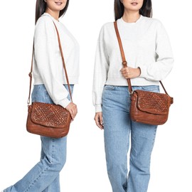 STILORD 'Ria' Retro Shoulder Bag Women's Small Leather Bag Vintage with Braided Flap Made of Genuine Leather Handbag for Hanging Women Crossbody Bag Shoulder Bag, Albi - Washed - Cognac, S