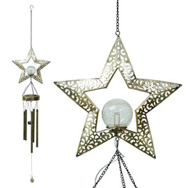 Ferrisland Solar Wind Chimes for Outside, Star Windchimes Outdoors for Porch Patio with Crackle Glass Ball LED Light, Waterproof Metal Outdoor Hanging Decor for Women Wife Mom Grandma