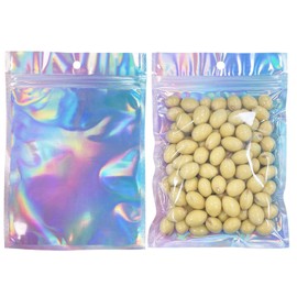 50pcs Holographic Mylar Bags 5.5x7.8 inch, Resealable Foil Ziplock Pouch Smell Proof Baggies for Packaging Candy Lash Lip Gloss Samples
