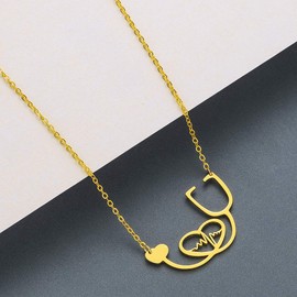 Tiny Stethoscope Stud Earrings Nursing Medical Life Line Pulse Earrings Dainty Stethophone Heartbeat Earrings Nurse's Day Gift for Nurse Doctor Medical Students (gold necklace)