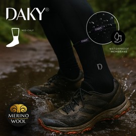 DAKY Waterproof Socks for Men Women - Merino Wool Mid-Calf Thermal Socks - Hiking, Cycling, Outdoor Moisture Wicking Socks (Phantom Plus, X-Small, Black)