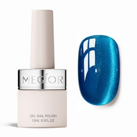 MEGIOR Sea Blue Cat Eye Gel Nail Polish 15 ML Blue Holographic Magnetic Gel Polish with Magnet Soak Off UV/LED Nail Art Salon Manicure DIY at Home