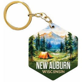 R and R Imports New Auburn Wisconsin Souvenir 2” Wooden Hexagon Keychain Watercolor Camping Tent Single