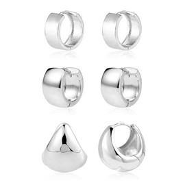 ALEXCRAFT 925 Sterling Silver Hoop Earrings for Women, 3 Pairs Small Chunky Hoop Earrings Set, Sterling Silver Cartilage Huggie Hoop Earrings Silver Wide Flat Chunky Hoop Earrings for Women