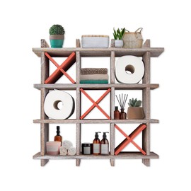 Comfify Rustic Tic-Tac-Toe Toilet Paper Holder – Freestanding or Wall Mounted Storage for Bathroom Tissue – Distressed White Farmhouse Decor