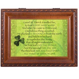 Cottage Garden St Patrick Plucked a Shamrock Woodgrain Rope Trim Jewelry Music Box Plays Irish Lullaby