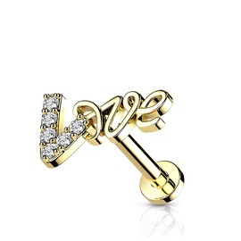 PiercedOff Gold Tone 316L Surgical Steel Labret with Clear CZ Paved Love - Length 6mm Width 1.2mm