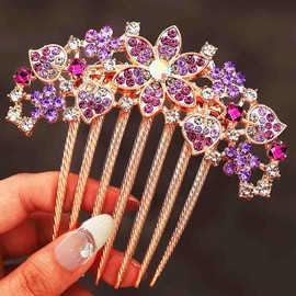 Jovono Rhinestone Flower Bride Wedding Hair Comb Gold Crystal Bridal Headpieces Accessories for Women (Purple)