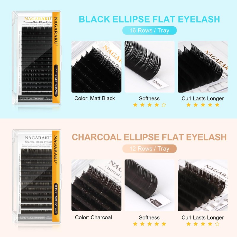 Nagaraku Premium Ellipse Eyelash Extensions Flat Matte Black Color 0.20mm