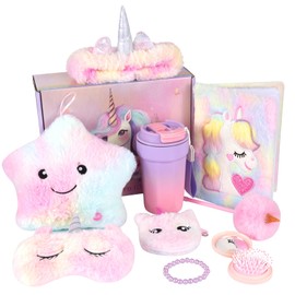 HYRIXDIRECT Unicorn Gifts for Girls Age 3 4 5 6 7 8 9 10 Years Old with Star Light Up Pillow Stationery Plush Diary Water Bottle Mirror Change Purse Bracelet Teen Christmas Birthday