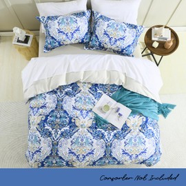 Uniclinens Damask Duvet Cover King - Blue Painting Duvet Cover Set, 100% Cotton King Size Set with Zipper Closure and 8 Ties, 1 Duvet Cover (90”x 104”) & 2 Pillow Shams (20“x 36”), No Comforter