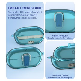 Transparent Case Compatible with Beats Solo Buds (2024) with Carabiner Hook with Cleaning Kit, Shockproof TPU Protective Case for Beats Solo Buds (Transparent Blue)