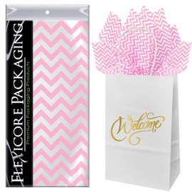 Flexicore Packaging White Kraft Paper Welcome Bags & Light Pink Gift Wrap Tissue Paper | Size: 5.25 Inch X 3.25 Inch X 8.25 Inch | Count: 5 Bags | Color: Light Pink Chevron