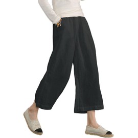 ECUPPER Womens Casual Loose Elastic Waist Cotton Trouser Cropped Wide Leg Pants Black 18