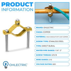 OHLECTRIC OL-27875 Direct Burial Copper Ground Pipe Clamps(1¼" - 2”)-Screw Thread 5/16”x18, 2-5" Wire Range. Ideal for Connecting Grounding Electrodes to Copper Tubing & Direct Burial Electrical pipes
