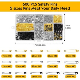 REJOECE 600 Pcs Safety Pins Set, 5 Sizes Clothes Safety Pins Small Medium Large Size(19mm/22mm/28mm/32mm/38mm), Metal Safety Pin Rust-Resistant for Arts and Crafts Sewing DIY,Gold Silver Black