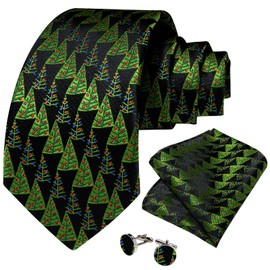 DiBanGu Christmas Ties for Men Xmas Holiday Necktie and Pocket Square Cufflinks Set Vacation Festive Necktie with Gift Box, Green Christmas Tree and Black