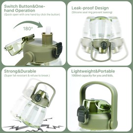 YOBOKO 1.1L Large Water Bottle Lovely Wide Mouth Drink Bottle with Handle Leak Proof Big Bottle with Straw and Adjustable Strap for Camping Cycling Gym Sports (1PC, Coffee)