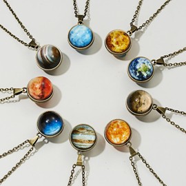 Solar System Necklace Universe Galaxy The Eight Planets Guardian Star Glow in Dark Double Side Glass Luminios Gemstone Ball Necklace for Women Men Friends Gift-5 Jupiter