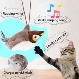Ataica Flapping Chirping Bird Cat Toy(Non-Flying), USB Charging,Touch Activated Plush Toy,Simulates Bird Wing Flapping and Sounds, for Cats,Dogs & Small Pets (Large, SPARROW-01)