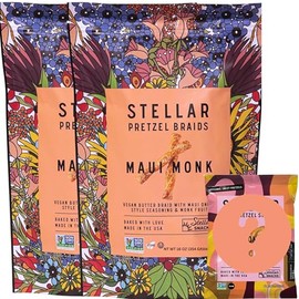 Stellar Snacks Pretzel Braids - Maui Monk Vegan Regular Pretzel & Mini Pretzel Combo, Two 16 Oz Large Maui Monk Regular Pretzel Braid Resealable Bags with Surprise Flavor Mini Pretzel Braid Combo - Vegan, Kosher, Non-GMO, Rods, Twists, Sticks