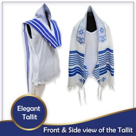 Ateret Judaica Full Size Tallit Prayer Shawl, Certified Kosher, Blessing On Neckband.Design&Made in Israel. (55, Blue & Silver)