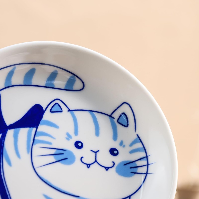 Bicuzat Blue and White Porcelain Vintage Cats Pattern Dessert Plates,