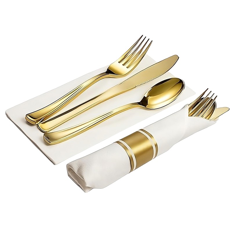 Neatiffy 50 Pack Disposable Gold Plastic Silverware Set, Pre Rolled