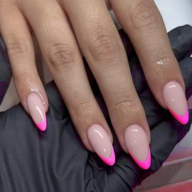 MERVF Almond Press on Nails Medium Fake Nails Hot Pink French Tip Glue ons Solid Color Design Nail Stiletto Acrylic Supplies DIY Summer Manicure Glossy 30pcs