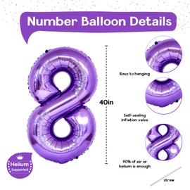 8th Birthday Number Balloons for Kids, Self Inflating 40 Inch Purple Foil 8 Balllon, Large Number 8 Balloons for Girls 8 Years Old Birthday Party Bridal Shower Anniversary Party Decorations Supplies