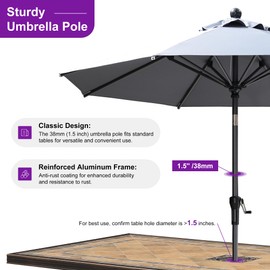 PURPLE LEAF 9' Round Patio Umbrella Outdoor Table Umbrella Aluminum Frame Market Umbrella Sun Umbrella with 8 Sturdy Ribs & Tilt for Garden Deck Lawn & Pool Light Gray