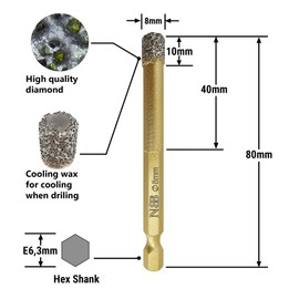 NBB Diamond Brazed Drill Bits with Hex Shank E6.3 mm, Quick Connection, Dry or Wet Drilling on Ceramic, Tiles, Granite, Marble, for Use with Wired or Wireless Drills (2.8 mm)