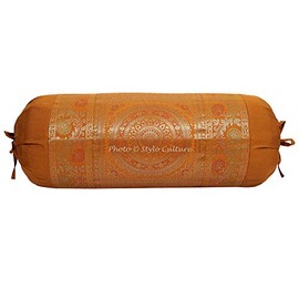 Stylo Culture Traditional Polydupion Cylindrical Tubular Bolster Pillowcase Brown Mandala Jacquard Brocade Weave Large Diwan Cylinder Pillow Cushion Cover (1 Pc) | 30x15 Inches (76x38 cm)
