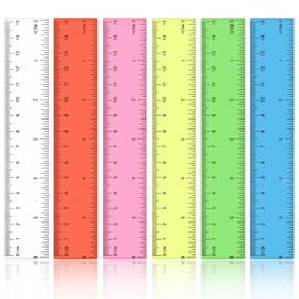 Pack of 6 Plastic Ruler, Colourful Transparent Ruler, 15 cm Ruler, Precision Measuring Tool with Metric and Inch Scale for Home, School, Office (Red, Yellow, Blue, Green, White, Rose Red)