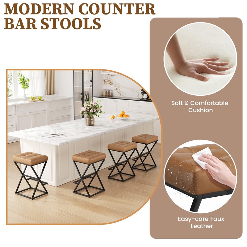 Bar Stools Set of 2, 26" Leather Counter Height Bar