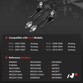 A-Premium Set of 4, Front Inner & Outer Tie Rod End Kit, Compatible with Ford Mustang 2005-2010