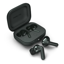 Motorola Moto Buds+ Headphones with Sound by Bose, Dual Dynamic Drivers and Optimal Resolution Sound, Dolby Head Tracking and Dolby Atmos, Dynamic Active Noise Cancellation - Black