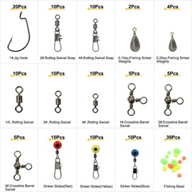 Croch 160pcs/box Fishing Accessories kit with Tackle Box,Including Jig Hooks, Bullet Bass Casting Sinker Weights, Different Fishing Swivels Snaps, Sinker Slides, Fishing Line Beads