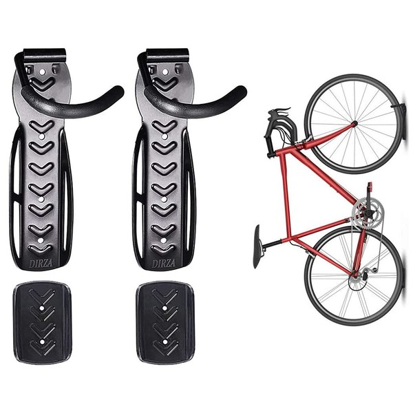 DIRZA Bike Wall Mount Rack with Tire Tray - Vertical Bike Storage Rack for Indoor,Garage,Shed - Easy to install - Great for Hanging Road,Mountain or Hybrid Bikes - Screws Included - 2 Pack