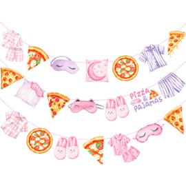 Pizza & Pajamas Themed Party Banner, Watercolor Sleepover Party Bunting, Pink Purple Pajama & Pizza Themed Garland for Girls Night Supplies, Girls Slumber Party Decorations