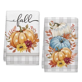 Cloudfomila Fall Pumpkin Kitchen Towel Farmhouse Grey Buffalo Plaid Dish Towels Set of 2, Autumn Thanksgiving 18 x 26 Inch Hand Towel Quick Drying Dishcloth Decor for Kitchen Bathroom Home